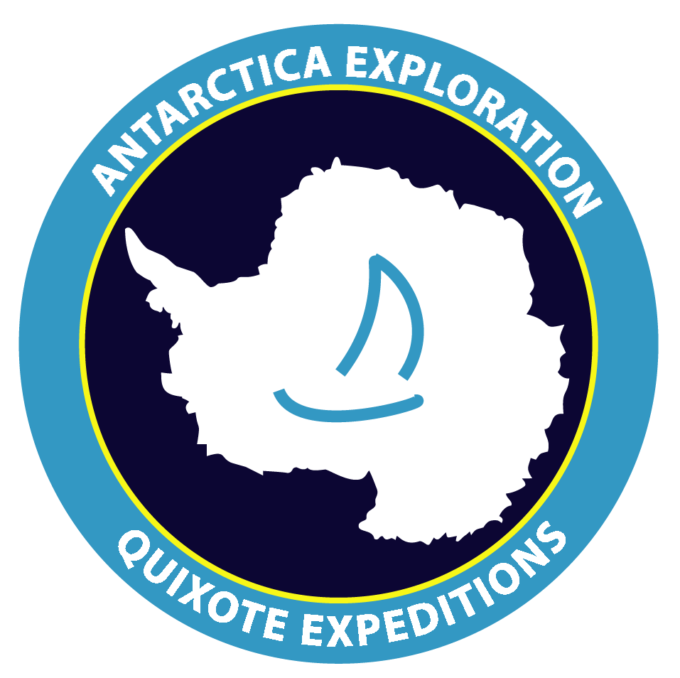 Antarctica exploration logo with sailboat and continent outline.