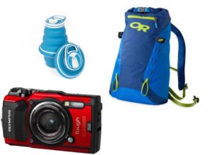 Essential gear for Antarctica: collapsible water bottle, backpack, and rugged camera.