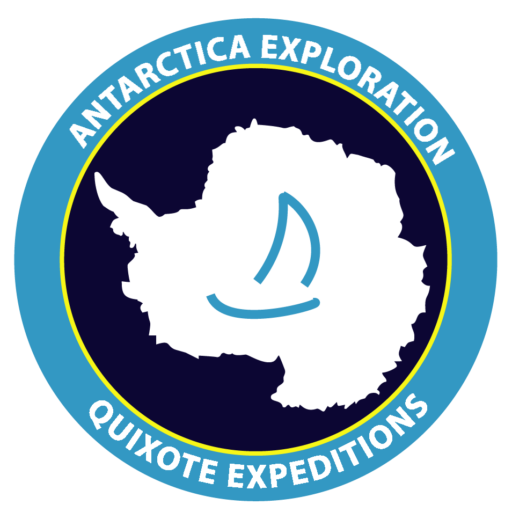 Antarctica exploration logo with sailboat and continent outline.