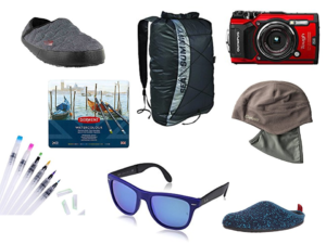 Favorite gear of travelers: gray slipper, SEA TO SUMMIT backpack, red camera, MARE NOSTRUM board game, colorful pens, blue sunglasses, gray hat, blue slipper