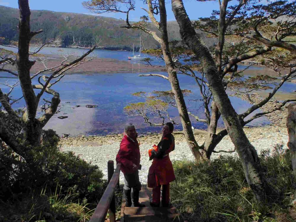 two people walking on the island of the states with a lot of vegetation in the background